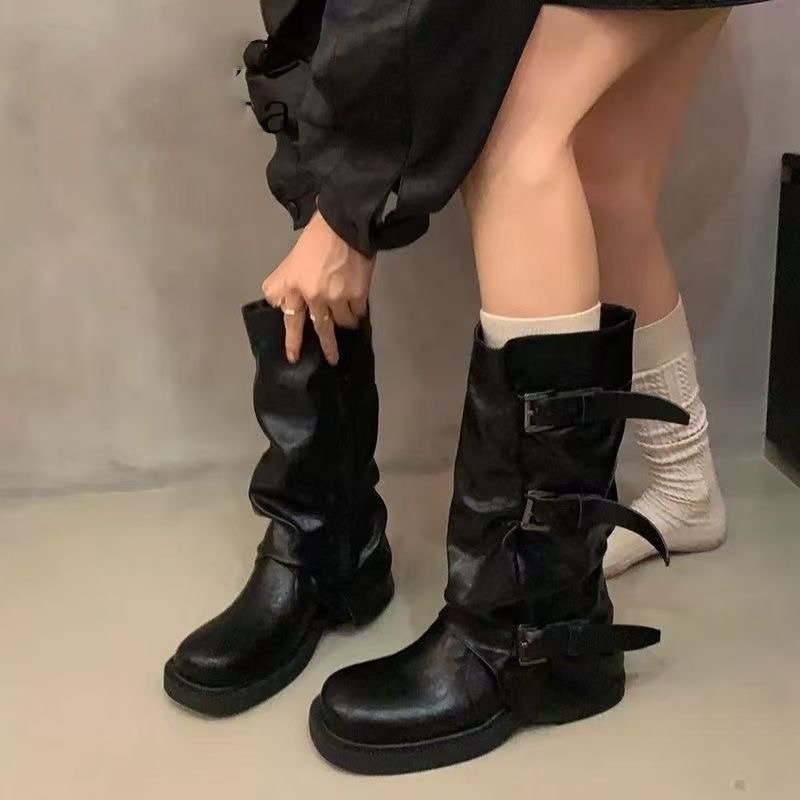 Knee High Boots Women - Botas de cano médio plissadas e